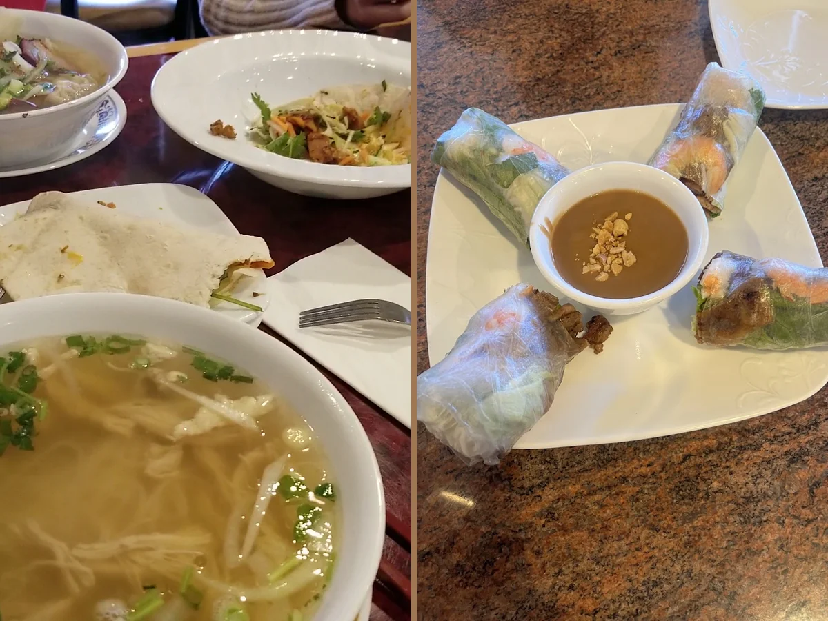 Casual Vietnamese dining room with simple tables.